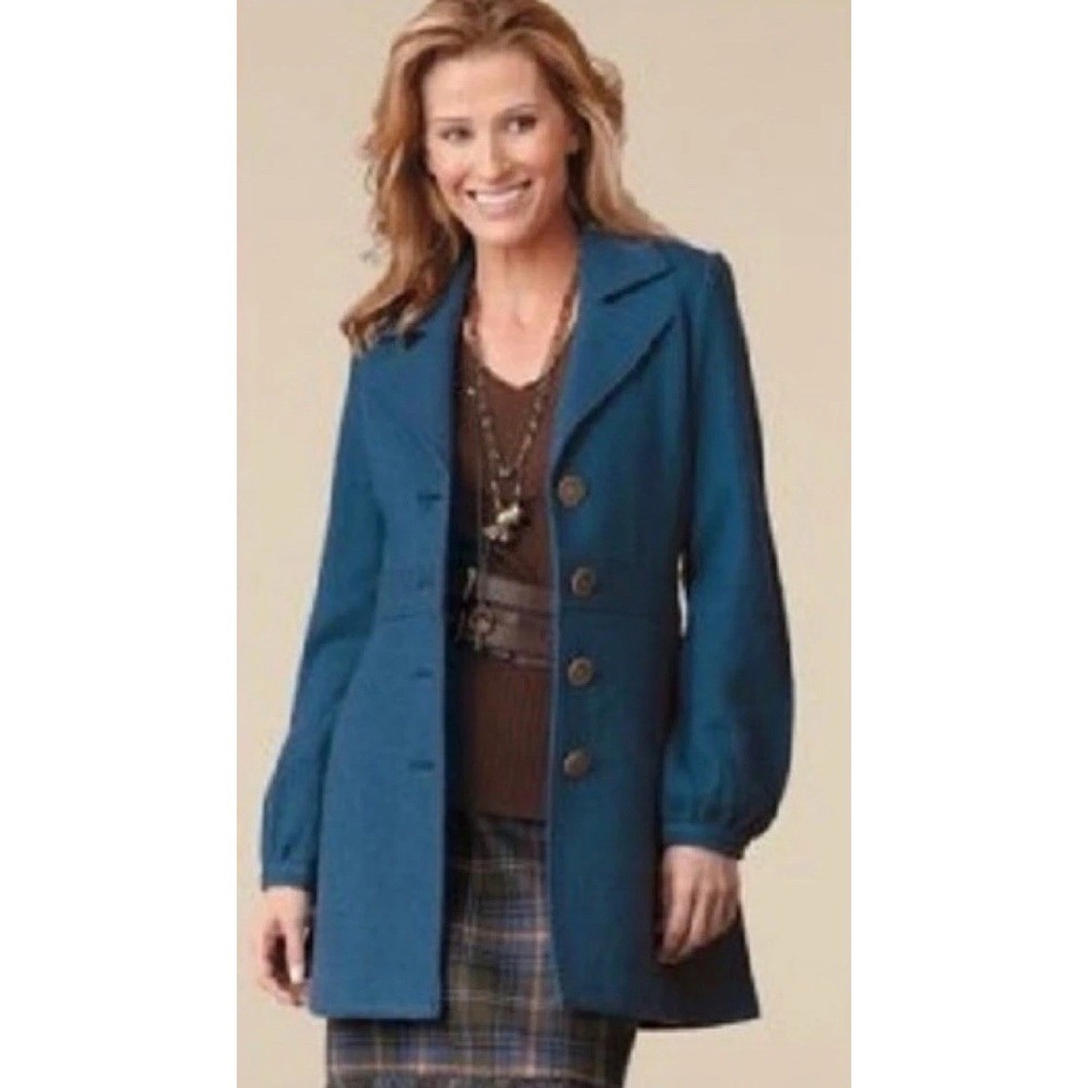 CABI Merino Wool Aristocrat Pea Coat Jacket Womens Sz L Teal Blue Lightweight